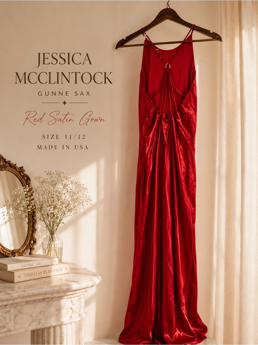 Jessica McClintock Gunne Sax Red Satin Open Back Gown Size 11/12 Vintage Y2K